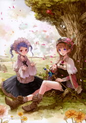 Rule 34 | 2girls, absurdres, apple, apron, atelier (series), atelier rorona, blue hair, boots, brown hair, dress, feathers, female focus, food, fruit, hat, highres, hom (atelier), jewelry, kishida mel, looking at viewer, multiple girls, pendant, petals, pointy ears, ribbon, rororina fryxell, sitting, staff, tree, twintails