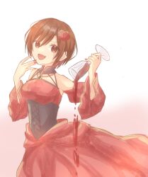 Rule 34 | 1girl, :d, akujiki musume conchita (vocaloid), aquamarinu, banica conchita, bare shoulders, black choker, blood, breasts, brooch, brown eyes, brown hair, choker, corset, dark skin, detached sleeves, dress, evillious nendaiki, flower, glass of conchita, hair flower, hair ornament, hand to own mouth, highres, jewelry, large breasts, laughing, meiko (vocaloid), ojou-sama pose, open mouth, red dress, red flower, red nails, red rose, rose, short hair, smile, solo, vessel of sin, vocaloid, wide sleeves