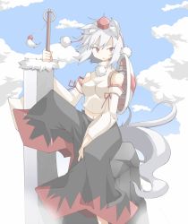 Rule 34 | 1girl, animal ears, breasts, cloud, day, detached sleeves, female focus, hat, huge weapon, inubashiri momiji, navel, outdoors, pale color, piza poteto, red eyes, shield, short hair, sky, solo, sword, tail, tokin hat, touhou, weapon, white hair, wolf ears, wolf tail