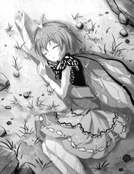 Rule 34 | 1girl, akinomiya asuka, antennae, butterfly wings, chinese commentary, closed eyes, dress, eternity larva, fairy, greyscale, hair between eyes, highres, insect wings, monochrome, multicolored clothes, multicolored dress, open mouth, rain, short hair, single strap, sleeping, solo, touhou, wet, wings