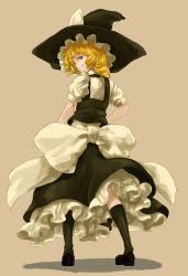 Rule 34 | 1girl, bad id, bad pixiv id, blonde hair, bow, brown background, dress, female focus, frills, from behind, gathers, grin, hat, kirisame marisa, kneehighs, large bow, looking back, petticoat, shadow, shibasaki shouji, short hair, simple background, smile, socks, solo, standing, touhou, witch, witch hat, yellow eyes