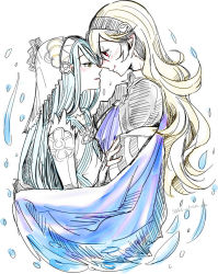Rule 34 | 2girls, azura (fire emblem), blonde hair, blue hair, blush, cape, corrin (female) (fire emblem), corrin (fire emblem), couple, cousins, eye contact, fire emblem, fire emblem fates, forehead-to-forehead, hairband, happy, heads together, hug, incest, long hair, looking at another, multiple girls, nintendo, noses touching, red eyes, saku (amespi), smile, yuri