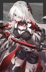 Rule 34 | 1girl, acheron (honkai: star rail), bare shoulders, black gloves, black shorts, breasts, cleavage, commentary, cowboy shot, gloves, hair ornament, hair over one eye, highres, holding, holding sword, holding weapon, honkai: star rail, honkai (series), katana, long hair, looking at viewer, mellow kaede, official alternate color, red eyes, short shorts, shorts, solo, standing, sword, thighs, very long hair, weapon, white hair