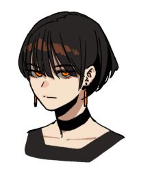 Rule 34 | 1girl, black choker, black shirt, brown hair, choker, closed mouth, cropped torso, earrings, fire mage (gogalking), gogalking, jewelry, jitome, looking at viewer, orange eyes, original, portrait, shirt, short hair, simple background, solo, white background