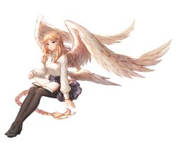 Rule 34 | 1girl, absurdly long hair, angel, angel wings, aselica, black footwear, black pantyhose, black skirt, blonde hair, blue eyes, book, braid, braided ponytail, breasts, feathered wings, full body, hair ornament, hairclip, high heels, highres, invisible chair, jewelry, king&#039;s raid, long hair, long sleeves, looking at viewer, medium breasts, miniskirt, necklace, non-web source, official art, open book, pantyhose, parted lips, plaid, plaid skirt, pointy ears, shoes, sidelocks, sitting, skirt, solo, sweater, transparent background, twin braids, very long hair, white sweater, wings