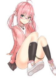 Rule 34 | 1girl, ahoge, arm support, black socks, blush, brown skirt, cardigan, closed mouth, commentary request, game club project, glasses, green eyes, hair between eyes, hair ornament, highres, hinako (anzu15), kneehighs, light smile, long sleeves, looking at viewer, pink cardigan, pink hair, pleated skirt, power symbol, red-framed eyewear, sakuragi miria, shirt, shoe soles, shoes, simple background, sitting, skirt, sleeves past wrists, socks, solo, twintails, virtual youtuber, white background, white footwear, white shirt