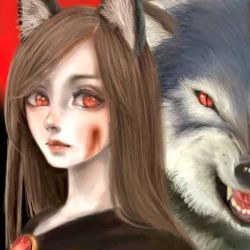 Rule 34 | 1girl, animal, animal ears, bad id, bad twitter id, blood, blood on face, brown hair, commentary request, dress, expressionless, eye focus, fang, fangs, fangs out, fur, glowing, glowing eyes, imaizumi kagerou, jewelry, long hair, looking at viewer, miyako yamamoto, monster girl, red eyes, slit pupils, solo, touhou, upper body, werewolf, wolf, wolf ears