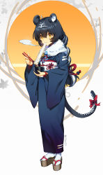 Rule 34 | 1girl, :3, absurdres, animal ears, black hair, black kimono, bowl, chinese zodiac, chopsticks, eating, facepaint, food, full body, highres, holding, holding bowl, holding chopsticks, japanese clothes, kimono, long hair, long sleeves, mismatched pupils, mochi, multicolored hair, obi, okobo, olys, original, sandals, sash, solo, standing, streaked hair, tabi, tail, thick eyebrows, tiger ears, tiger girl, tiger tail, twitter username, v-shaped eyebrows, wide sleeves, year of the tiger, yellow eyes