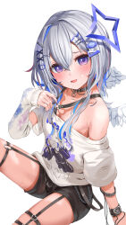 Rule 34 | amane kanata, amane kanata (punk rock), angel, angel wings, armpits, blue hair, blush, chain, character print, choker, colored inner hair, commentary, detached sleeves, feathered wings, flat chest, grey hair, hair between eyes, hair ornament, hairpin, halo, highres, hololive, looking at viewer, mini wings, multicolored hair, off shoulder, open mouth, purple eyes, self character print, short hair, short shorts, shorts, sidelocks, simple background, single hair intake, sitting, smile, star halo, streaked hair, sweat, takahira (takahirac562), thighs, virtual youtuber, white background, wings