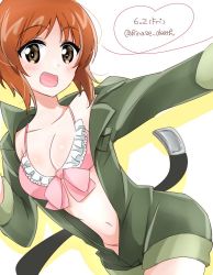 Rule 34 | 1girl, belt, bikini, bikini under clothes, black belt, bow, bow bikini, breasts, brown eyes, brown hair, commentary, dated, dutch angle, frilled bikini, frills, girls und panzer, girls und panzer senshadou daisakusen!, green jumpsuit, hinase (twoxout), jumpsuit, long sleeves, looking at viewer, medium breasts, navel, nishizumi miho, off shoulder, official alternate costume, open jumpsuit, open mouth, pink bikini, short hair, short jumpsuit, smile, solo, standing, swimsuit, twitter username
