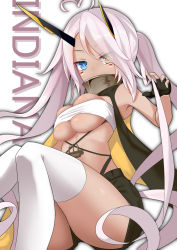 Rule 34 | 1girl, ahoge, anchor, azur lane, bandeau, black shorts, blue eyes, breasts, bursting breasts, character name, collar, covered mouth, cross-laced clothes, dark-skinned female, dark skin, eyes visible through hair, facepaint, facial mark, fingerless gloves, gloves, hair over one eye, heterochromia, horns, indianapolis (azur lane), long hair, looking at viewer, medium breasts, pink hair, short shorts, shorts, sitting, solo, templus, thighhighs, twintails, very long hair, vest, white thighhighs, yellow eyes