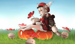 Rule 34 | 1girl, ahoge, backpack, bag, bag charm, bloomers, blurry, brown gloves, brown scarf, cabbie hat, charm (object), clover print, coat, commentary request, depth of field, dodoco (genshin impact), hugging doll, genshin impact, gloves, grass, hair between eyes, hat, hat feather, hat ornament, highres, jumpy dumpty, klee (genshin impact), kneehighs, koebushi (mat), long hair, looking away, low twintails, no shoes, hugging object, orange eyes, pocket, pointy ears, randoseru, red coat, red headwear, scarf, sidelocks, silver hair, sitting, slime (genshin impact), socks, twintails, underwear, white socks