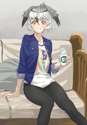 Rule 34 | 1girl, absurdres, black pants, blue jacket, breast pocket, commentary, couch, cup, disposable cup, feet out of frame, greater rhea (kemono friends), grey hair, hair between eyes, head wings, highres, holding, holding cup, jacket, japari symbol, kemono friends, long sleeves, looking at viewer, multicolored hair, open clothes, open jacket, orange eyes, pants, parted lips, pocket, sitting, smile, solo, tail, tanabe (fueisei), white hair, wings