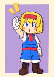 Rule 34 | 1girl, :o, alice margatroid, blonde hair, blue eyes, blue overalls, blush, boots, brown footwear, commentary request, cookie (touhou), cross-laced footwear, full body, gloves, hairband, highres, ichigo (cookie), looking at viewer, medium bangs, necktie, open mouth, overalls, parody, red hairband, red necktie, red sash, sash, shirt, short hair, short sleeves, simple background, solo, style parody, tatamaru5382, toriyama akira (style), touhou, waving, white gloves, white shirt