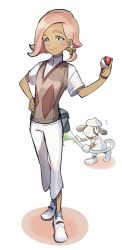 Rule 34 | 1boy, androgynous, blue eyes, creatures (company), dark-skinned male, dark skin, full body, game freak, gen 2 pokemon, hair ornament, hand on own hip, ilima (pokemon), looking at viewer, male focus, nintendo, npc trainer, pants, pink hair, pocket, pokemon, pokemon (creature), pokemon sm, short hair, sila taki, simple background, smeargle, smile, standing, sweater vest, tongue, tongue out, trial captain, white background, white pants