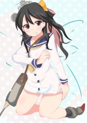 Rule 34 | 1girl, alternate costume, breasts, commentary request, cosplay, costume switch, dress, hair ornament, headgear, kantai collection, kebakebasan, large breasts, long hair, looking at viewer, multicolored hair, naganami (kancolle), necktie, purple eyes, sailor collar, sailor dress, school uniform, serafuku, thighhighs, yellow necktie, yukikaze (kancolle) (cosplay)