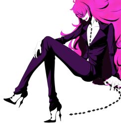 Rule 34 | 1boy, 2013, alien, androgynous, berg katse, black nails, collarbone, commentary, crossed legs, diamond (shape), floating, formal, from side, full body, gatchaman crowds, hair over eyes, hand on own knee, head tilt, high heels, insect (36470244), leg lift, long hair, male focus, messy hair, open clothes, open collar, open shirt, pale skin, pants, pink hair, pink lips, prehensile tail, purple pants, purple suit, simple background, sitting, smile, solo, suit, tail, two-tone footwear, very long hair, white background