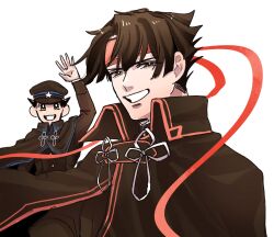 Rule 34 | 2boys, :d, ace attorney, arm up, black capelet, black eyes, black hair, black headwear, black jacket, capelet, hat, headband, highres, jacket, japanese clothes, kazuma asogi, long sleeves, looking at viewer, male focus, multiple boys, open mouth, peaked cap, red headband, ryunosuke naruhodo, short hair, simple background, smile, tewa (hawawatewawa), the great ace attorney, upper body, white background