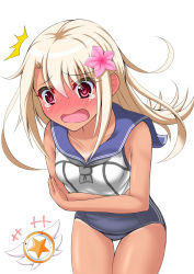 Rule 34 | 1girl, absurdres, blonde hair, blush, cosplay, crop top, fate/kaleid liner prisma illya, fate (series), flower, hair flower, hair ornament, highres, illyasviel von einzbern, kantai collection, long hair, look-alike, magical ruby, one-piece swimsuit, red eyes, ro-500 (kancolle), ro-500 (kancolle) (cosplay), sailor collar, school swimsuit, shirouzu myuuta, simple background, solo, swimsuit, swimsuit under clothes, tan, tanline, tears