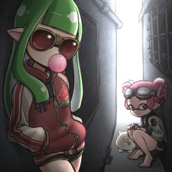 Rule 34 | 2girls, :3, against wall, alley, barefoot, black shirt, black shorts, blowing bubbles, cat, chewing gum, fingernails, goggles, goggles on head, grey hair, hands in pockets, inkling, inkling girl, inkling player character, jacket, li&#039;l judd (splatoon), long hair, long sleeves, looking at viewer, luebi, multiple girls, nintendo, pink hair, pointy ears, red eyes, red jacket, shirt, short shorts, short twintails, shorts, splatoon (series), splatoon 2, squatting, sunglasses, tentacle hair, twintails, white shirt