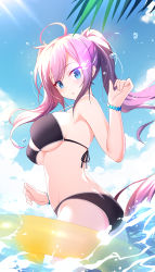 Rule 34 | 1girl, absurdres, ahoge, ass, bare shoulders, bikini, black bikini, black rock shooter, black rock shooter (character), blue eyes, bracelet, breasts, day, glowing, glowing eye, halterneck, hand up, highres, innertube, jewelry, large breasts, long hair, looking at viewer, outdoors, oywj, parted lips, pink hair, solo, strap gap, string bikini, sunlight, swim ring, swimsuit, twintails, very long hair, wading, water, wet