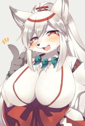 Rule 34 | 1girl, animal ear fluff, animal ears, blush, body fur, breasts, cleavage, commentary, fox, fox ears, fox girl, fullbokko heroes, furry, furry female, grey background, hakama, hakama skirt, japanese clothes, large breasts, looking at viewer, ooguchi no magami (fullbokko heroes), open mouth, red eyes, red hakama, saigi, silver hair, simple background, skirt, snout, solo, white fur, wolf ears