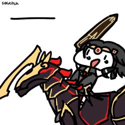 Rule 34 | 1girl, animated, animated gif, giant sword, hands up, horseback riding, lowres, nervous sweating, open mouth, riding, seseren, sweat, sword, weapon