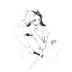Rule 34 | 1girl, animal ears, ass, blush, breasts, closed mouth, dated, ejami, full body, furry, furry female, greyscale, kindred (league of legends), lamb (league of legends), long hair, looking at viewer, monochrome, signature, simple background, solo, tail, white background