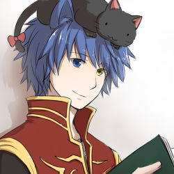 Rule 34 | 1boy, :3, animal, animal on head, black cat, black coat, blue eyes, blue hair, book, cat, cat on head, closed mouth, coat, commentary request, heterochromia, holding, holding book, looking at viewer, male focus, multicolored coat, natsuya (kuttuki), on head, priest (ragnarok online), ragnarok online, red coat, short hair, smile, solo, two-tone coat, upper body, yellow eyes