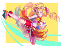 Rule 34 | 1girl, :o, bare arms, bike shorts, blonde hair, border, china dress, chinese clothes, cure yum-yum, delicious party precure, dress, floating hair, full body, gloves, high heels, highres, long hair, mem-mem (precure), open mouth, orange dress, orange footwear, outside border, precure, red eyes, red shorts, shadow, short shorts, shorts, shorts under dress, shrimp1634, solo, thighhighs, twintails, white border, white gloves, white thighhighs, zettai ryouiki