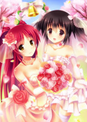 Rule 34 | 2girls, black hair, bouquet, breasts, bridal veil, bride, cherry, cherry blossoms, collarbone, dress, elbow gloves, flower, food, frilled dress, frills, fruit, gloves, highres, kousaka tamaki, large breasts, light smile, long hair, looking at viewer, multiple girls, off shoulder, open mouth, outdoors, red eyes, red hair, short dress, short twintails, small breasts, smile, suzumia (daydream), thighhighs, to heart (series), to heart 2, twintails, veil, wedding, wedding dress, white legwear, yellow eyes, yuzuhara konomi