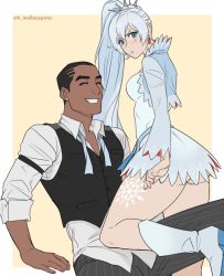 Rule 34 | 1boy, 1girl, arm support, ass, black hair, black pants, black vest, blue eyes, blush, closed eyes, couple, dark-skinned male, dark skin, dress, earrings, emblem, flynt coal, formal, grin, highres, interracial, jewelry, leg tattoo, legs, looking at viewer, mugupo, necktie, pants, rwby, sash, sitting, sleeves rolled up, smile, stud earrings, tattoo, thick thighs, thighs, undone necktie, vest, wallace pires, weiss schnee, white hair, yellow background