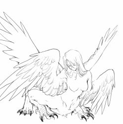 Rule 34 | 1girl, breasts, centauroid, claws, completely nude, greyscale, medium breasts, monochrome, monster girl, mullmull02, multiple wings, nude, original, simple background, sketch, solo, sphinx, talons, taur, white background, wings