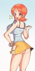Rule 34 | 1girl, :d, ass, blush, bracelet, breasts, brown eyes, cleavage, earrings, from behind, hand on own hip, highres, inkerton-kun, jewelry, large breasts, looking at viewer, nami (one piece), no panties, one piece, open mouth, orange hair, short hair, smile, solo, tattoo