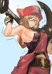 Rule 34 | 1girl, anchor, armpits, ashiomi masato, bare shoulders, belt, blonde hair, blue eyes, breasts, breath, cosplay, gloves, grimace, guilty gear, guilty gear xrd, hat, large breasts, looking at viewer, may (guilty gear), may (guilty gear) (cosplay), millia rage, orange hat, orange shirt, parted lips, pirate hat, shaking, shirt, short hair, sideboob, solo, steam, sweat