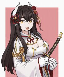 Rule 34 | 1girl, azur lane, black hair, blush, breasts, cleavage, flower, hair flower, hair ornament, hiei (azur lane), highres, holding, holding sword, holding weapon, horns, japanese clothes, katana, large breasts, long hair, long sleeves, looking at viewer, nagabegi (ryuuboku), open mouth, pink background, sakuramon, sheath, sheathed, smile, solo, sword, upper body, weapon, white background, wide sleeves, yellow eyes