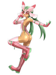 Rule 34 | 1girl, absurdres, alternate costume, arm up, ass, bare shoulders, blush, boots, breasts, chestnut mouth, cosplay, creatures (company), cross-laced footwear, dark-skinned female, dark skin, female focus, from side, full body, game freak, gen 7 pokemon, gloves, green eyes, green hair, hand up, highres, knee boots, knee pads, leg up, leotard, long hair, looking at viewer, lurantis, lurantis (cosplay), mallow (pokemon), mask, matching hair/eyes, nintendo, open mouth, outstretched arm, pink footwear, pink gloves, pink leotard, pink thighhighs, pokemon, pokemon sm, shiny clothes, shiny skin, shoukin500, simple background, small breasts, solo, standing, standing on one leg, strapless, strapless leotard, striped clothes, striped footwear, teeth, thighhighs, thong leotard, twintails, vambraces, white background