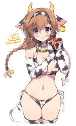 Rule 34 | 1girl, alternate costume, animal ears, animal print, artist name, bell, bikini, braid, breasts, chocolate, cleavage, commentary request, cow ears, cow horns, cow print, cowbell, cowboy shot, dated, ear tag, elbow gloves, fake animal ears, fake horns, gloves, heart, horns, kantai collection, large breasts, light brown hair, long hair, looking at viewer, odawara hakone, one-hour drawing challenge, purple eyes, side-tie bikini bottom, simple background, solo, standing, swimsuit, teruzuki (kancolle), thighhighs, twin braids, white background, white bikini, white gloves, white thighhighs
