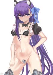 Rule 34 | 1girl, animal ears, arm at side, armor, armored boots, bikini, bikini top only, black bikini, blue bow, blue eyes, blue ribbon, blush, boots, bow, breasts, breasts apart, cat ears, clenched hand, collarbone, commentary request, cowboy shot, crotch plate, fake animal ears, fate/extra, fate/extra ccc, fate (series), frilled bikini, frilled bikini top, frills, gluteal fold, groin, hair between eyes, hair bow, hair ribbon, hand on own hip, highres, kesoshirou, legs apart, long hair, looking at viewer, meltryllis (fate), navel, open mouth, puffy short sleeves, puffy sleeves, purple hair, ribbon, shiny skin, short sleeves, sidelocks, signature, simple background, small breasts, solo, standing, stomach, swimsuit, underboob, very long hair, white background