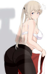 Rule 34 | 1girl, absurdres, ass, back, black pantyhose, blonde hair, blue eyes, blush, bra, breasts, closed mouth, from behind, frown, graf zeppelin (kancolle), hair between eyes, highres, holding, kantai collection, large breasts, long hair, maruyaa (malya1006), panties, panties under pantyhose, pantyhose, shadow, sidelocks, simple background, sketch, sweat, t-head admiral, thighband pantyhose, twintails, underwear, white background, white bra, white panties