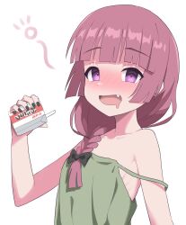 Rule 34 | 1girl, :d, black bow, black nails, blunt bangs, blush, bocchi the rock!, bow, braid, collarbone, commentary request, drink, drooling, drunk, earrings, fang, hair bow, halulu, highres, hiroi kikuri, holding, holding drink, jewelry, nail polish, off shoulder, open mouth, purple eyes, purple hair, single braid, smile, solo, squeans, strap slip, stud earrings, upper body