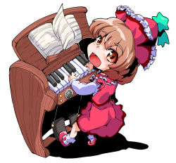Rule 34 | 1girl, :d, blush, bobby socks, brown eyes, brown hair, dress, hat, instrument, long sleeves, looking at viewer, lyrica prismriver, mary janes, open mouth, piano, playing instrument, sheet music, shinapuu, shoes, short hair, smile, socks, solo, touhou