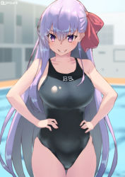 Rule 34 | 1girl, bare shoulders, bb (fate), bb (fate/extra), black one-piece swimsuit, blurry, blurry background, blush, breasts, collarbone, fate (series), grin, hair between eyes, hair ribbon, hands on own hips, highres, jonsun, large breasts, long hair, looking at viewer, one-piece swimsuit, pool, purple eyes, purple hair, red ribbon, ribbon, smile, solo, swimsuit, very long hair