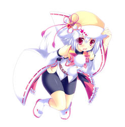 Rule 34 | 1girl, animal ears, bare shoulders, bike shorts, bow, detached sleeves, fang, hat, hikanyan, inubashiri momiji, long sleeves, open mouth, pink eyes, shirt, silver hair, simple background, solo, tail, touhou, white legwear, wide sleeves, wolf ears, wolf tail