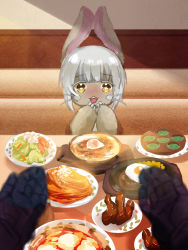 Rule 34 | 1boy, 1other, aigina00, animal ears, bondrewd, commentary request, food, furry, grey hair, highres, indoors, made in abyss, nanachi (made in abyss), open mouth, pov, pov across table, pov hands, restaurant, sparkling eyes, table, yellow eyes