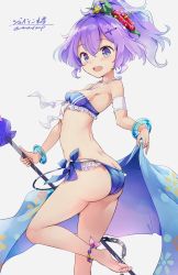 Rule 34 | 1girl, anklet, armpits, ass, azur lane, back, bare shoulders, barefoot, bikini, blue bikini, blue eyes, blush, breasts, butt crack, feet, flower, grey background, hair between eyes, hair flower, hair ornament, halterneck, highres, holding, holding towel, holding weapon, javelin (azur lane), javelin (beach picnic!) (azur lane), jewelry, leg up, looking at viewer, moupii (hitsuji no ki), open mouth, purple hair, simple background, small breasts, smile, solo, swimsuit, thighs, toes, towel, weapon, white background