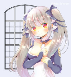 Rule 34 | 1girl, azur lane, bare shoulders, black bow, black dress, blush, bow, breasts, cleavage, closed mouth, clothing cutout, collarbone, dress, formidable (azur lane), grey background, greyscale, hair bow, hands up, kou hiyoyo, large breasts, long hair, long sleeves, looking at viewer, monochrome, red eyes, shoulder cutout, sleeves past wrists, smile, solo, twintails, twitter username, upper body, very long hair
