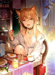 Rule 34 | 1girl, ahoge, animal ears, backlighting, bacon, book, bottle, bread, breakfast, brown eyes, brown hair, cat ears, cat tail, chair, checkered floor, collar, collared shirt, commentary, cup, curtains, ddongu, drink, drinking straw, eating, egg, eyelashes, fang, food, fork, glasses, indoors, jewelry, knee up, long hair, looking at viewer, messy hair, milk carton, morning, no pants, off shoulder, open mouth, original, oversized clothes, oversized shirt, pendant, plate, round eyewear, shelf, shirt, sitting, solo, strap slip, sunlight, table, tablecloth, tail, tank top, teapot, tile floor, tiles, white shirt, wind chime, window