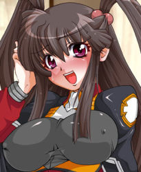 Rule 34 | 00s, 1girl, blush, breasts, brown hair, covered erect nipples, demonbane, dot (poni taoyaka), hadou ruri, hair bobbles, hair ornament, large breasts, long hair, lowres, purple eyes, smile, solo, twintails