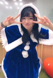Rule 34 | 1girl, asian, black hair, blue dress, christmas, dress, highres, photo (medium), santa costume, santa costume, shindou amane, solo, v